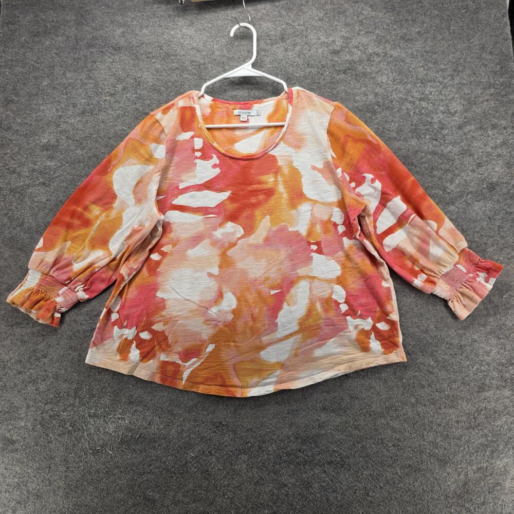 Chico's Shirt Womens XL Pink Orange Watercolor 3/4 Sleeve Smocked Cuffs Boho
